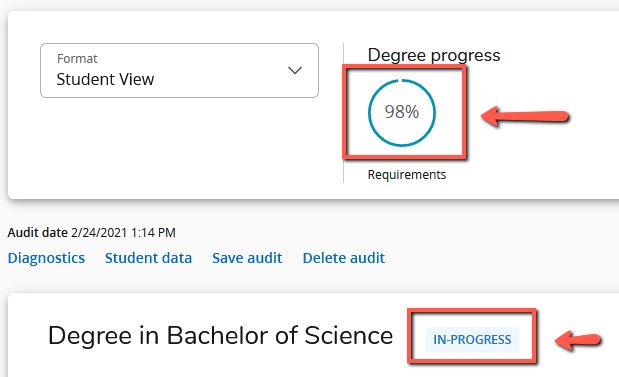 Degree audit showing 98 percent completion with in-progress indicator screen shot