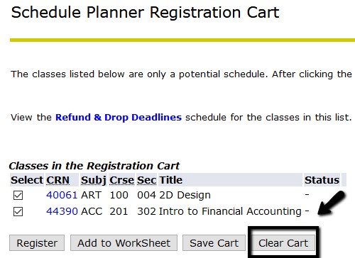 Picture of the Registration Cart with Clear Cart button highlighted