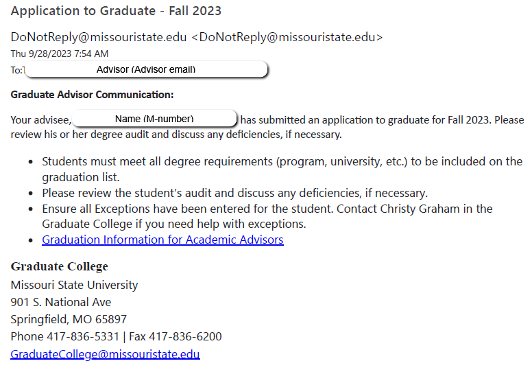 Application to Graduate Graduate Advisor Confirmation