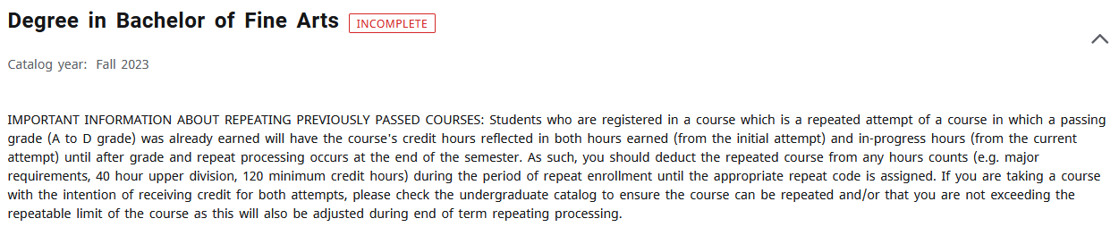 Screen shot of degree audit repeat processing message