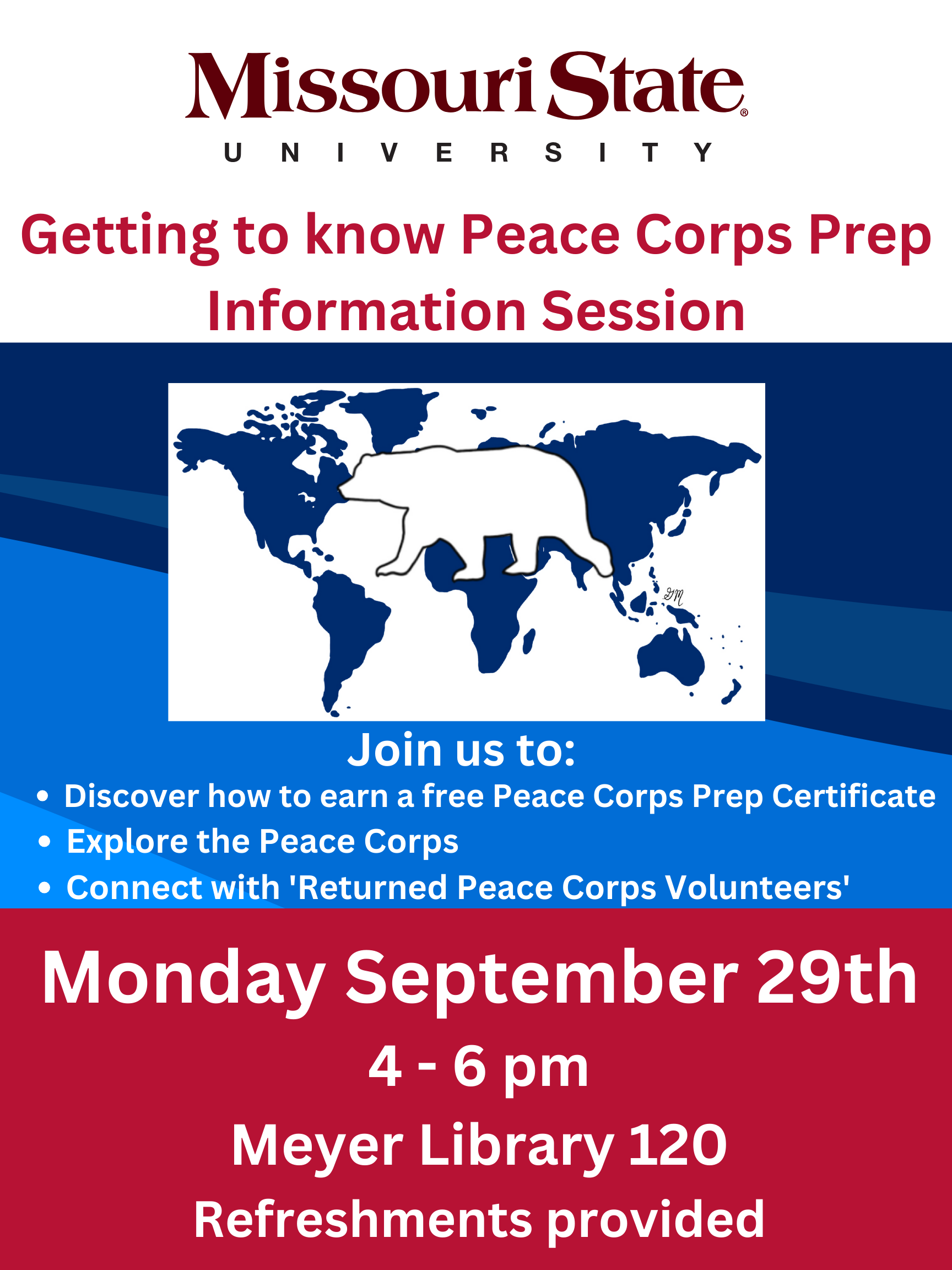 Flyer for Peace Corps Prep event on September 29, 2025