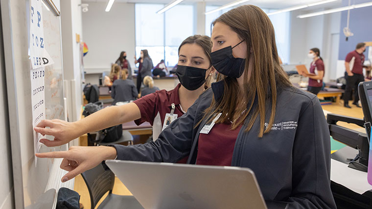 Two students checking eye vision chart during class.