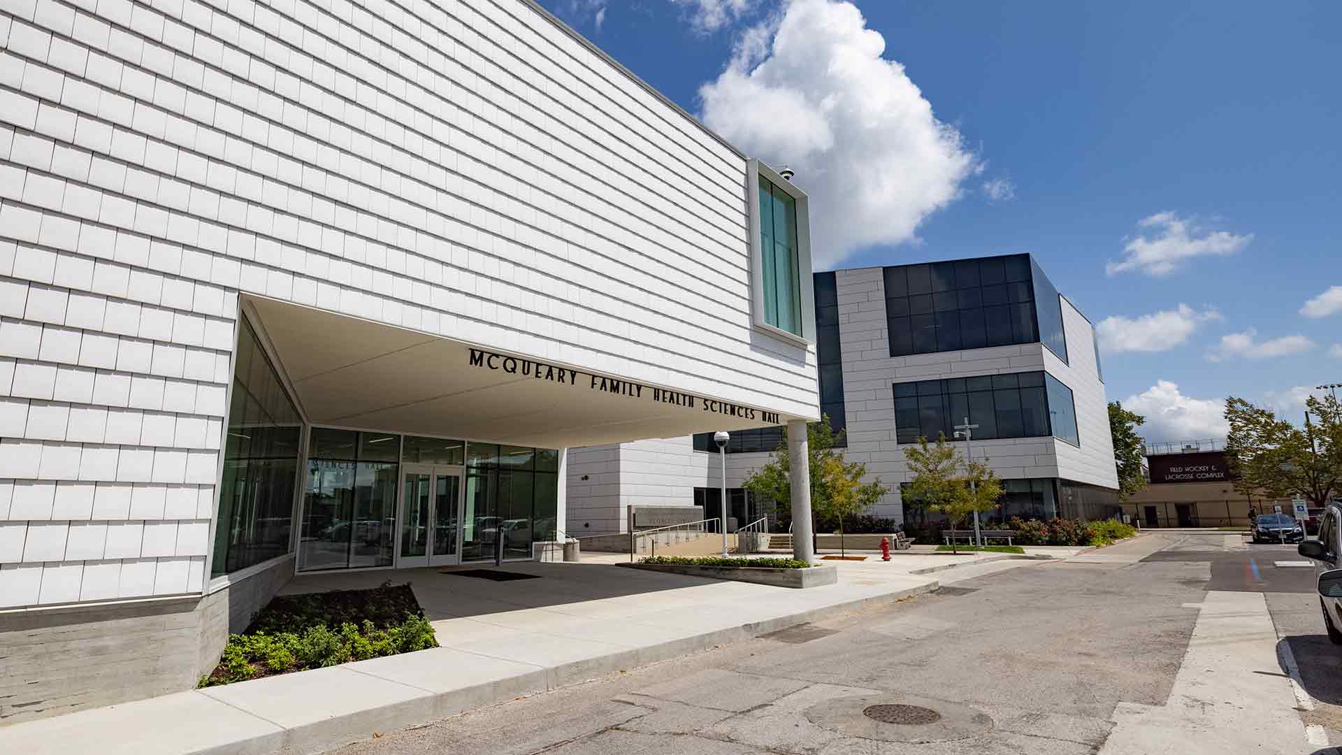 Main entrance to McQueary Family Health Sciences Hall.