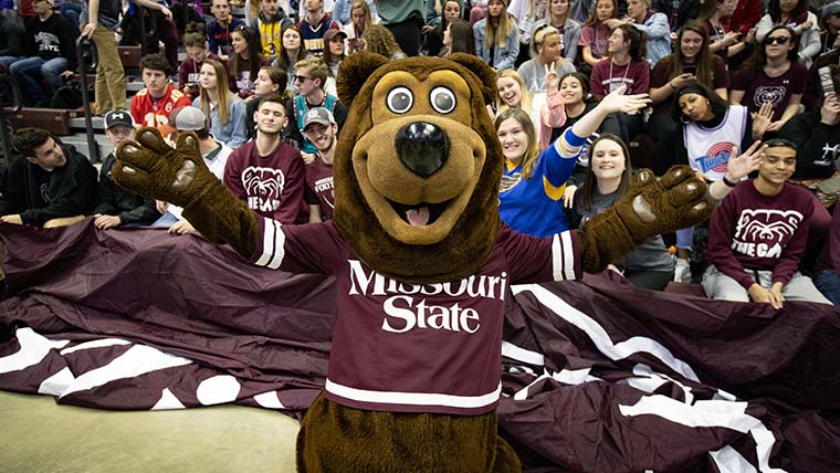 Boomer Bear at a Missouri State basketball game.
