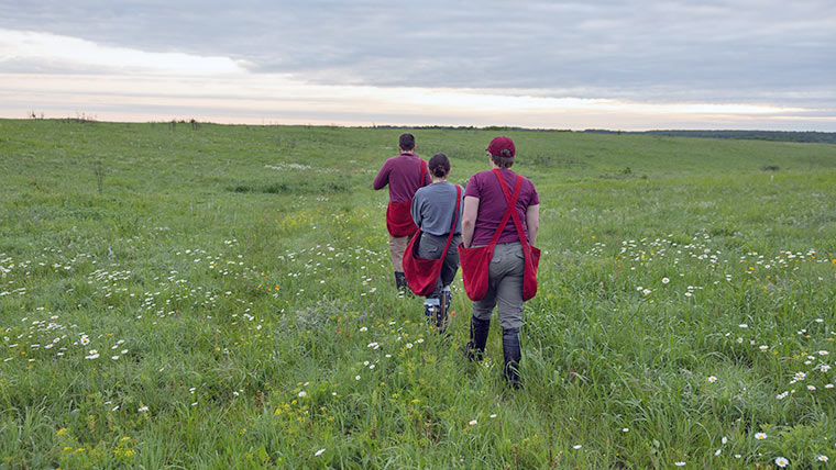 Three Missouri State students walking across a large open field.