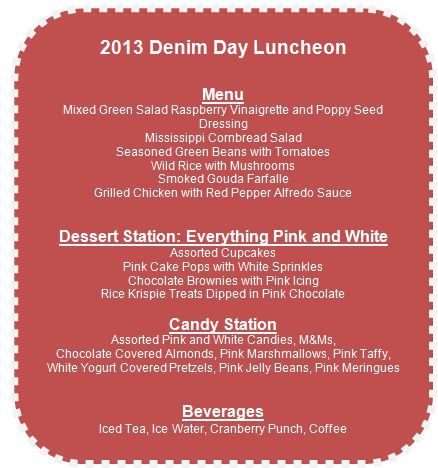 2013 Denim Day Luncheon Menu