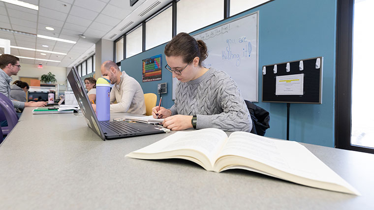 Students studying textbooks and using laptops at the Bear CLAW of Meyer Library.