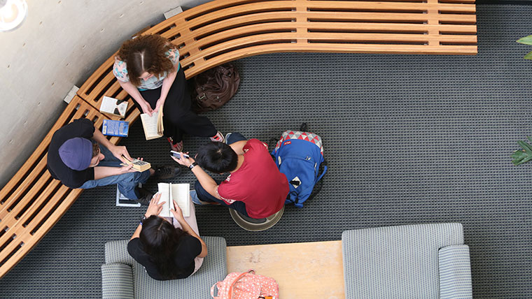 An aerial view of four students studying together with their textbooks.