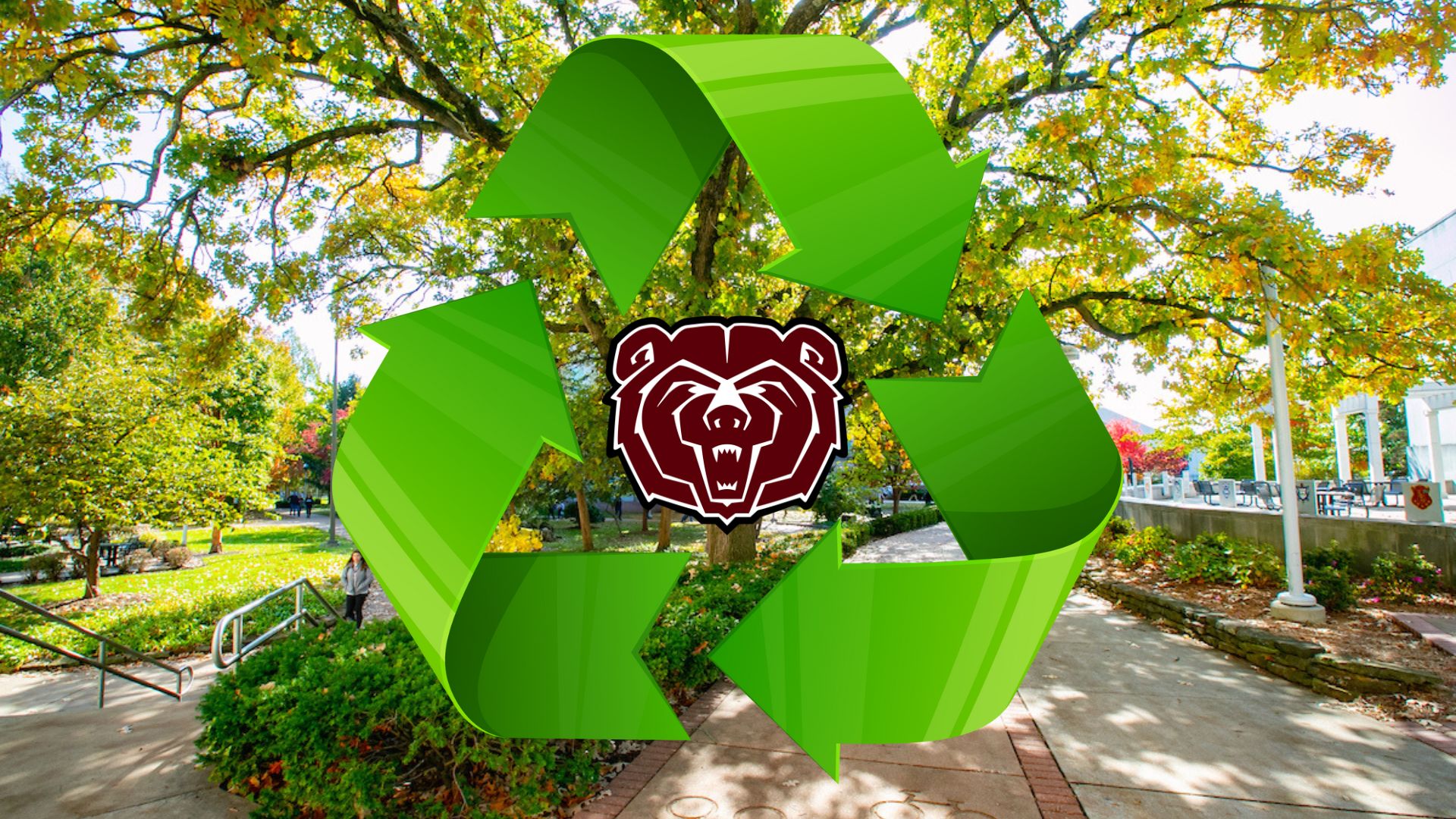 MSU Bear head logo and recycling arrows over a picture of campus