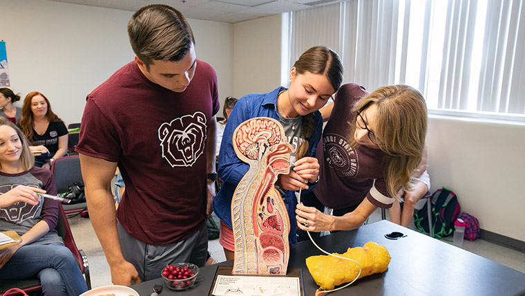 Two Missouri State students with a professor working with a mannequin within a CNAS classroom. 
