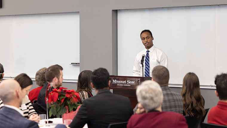 Missouri State business student speaking to class