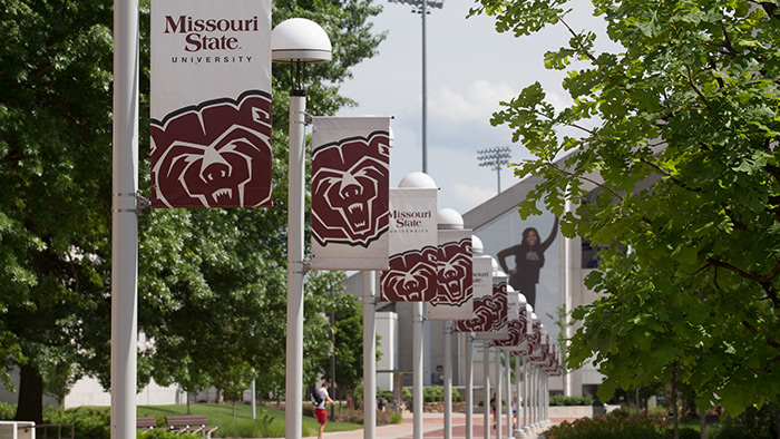 A row of light poles with banners showing the Missouri State logo and Bear head