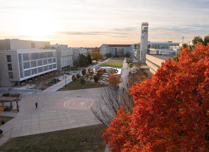 Missouri State University's campus during fall featuring iconic buildings like the Hammons Fountain, Meyer Library, Blunt Hall and Strong Hall