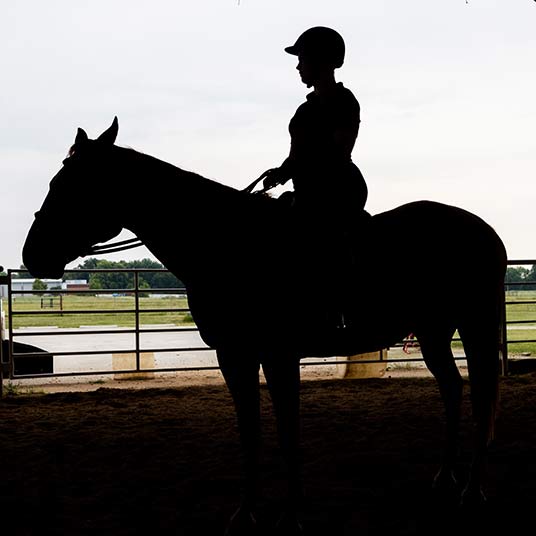 A silhouette of a horse and its rider in a barn.