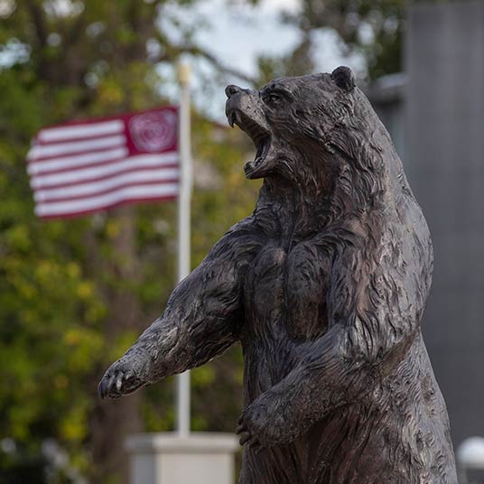 A Bear statue and an American flag waving in the background