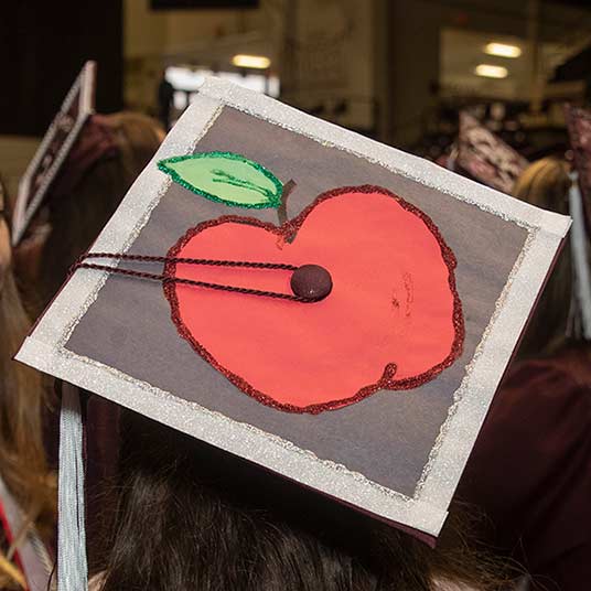 A commencement mortar board decorated with a painted apple.