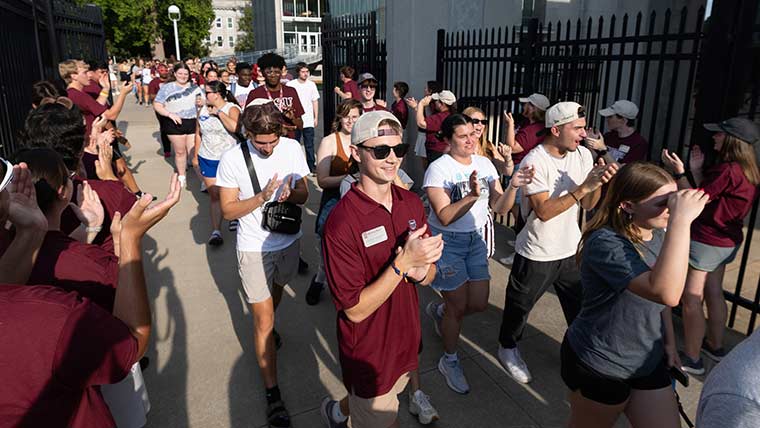 Students filing into Plaster Stadium for Play Fair. 