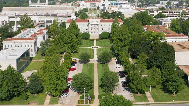 Aerial view of campus featuring Carrington Hall.