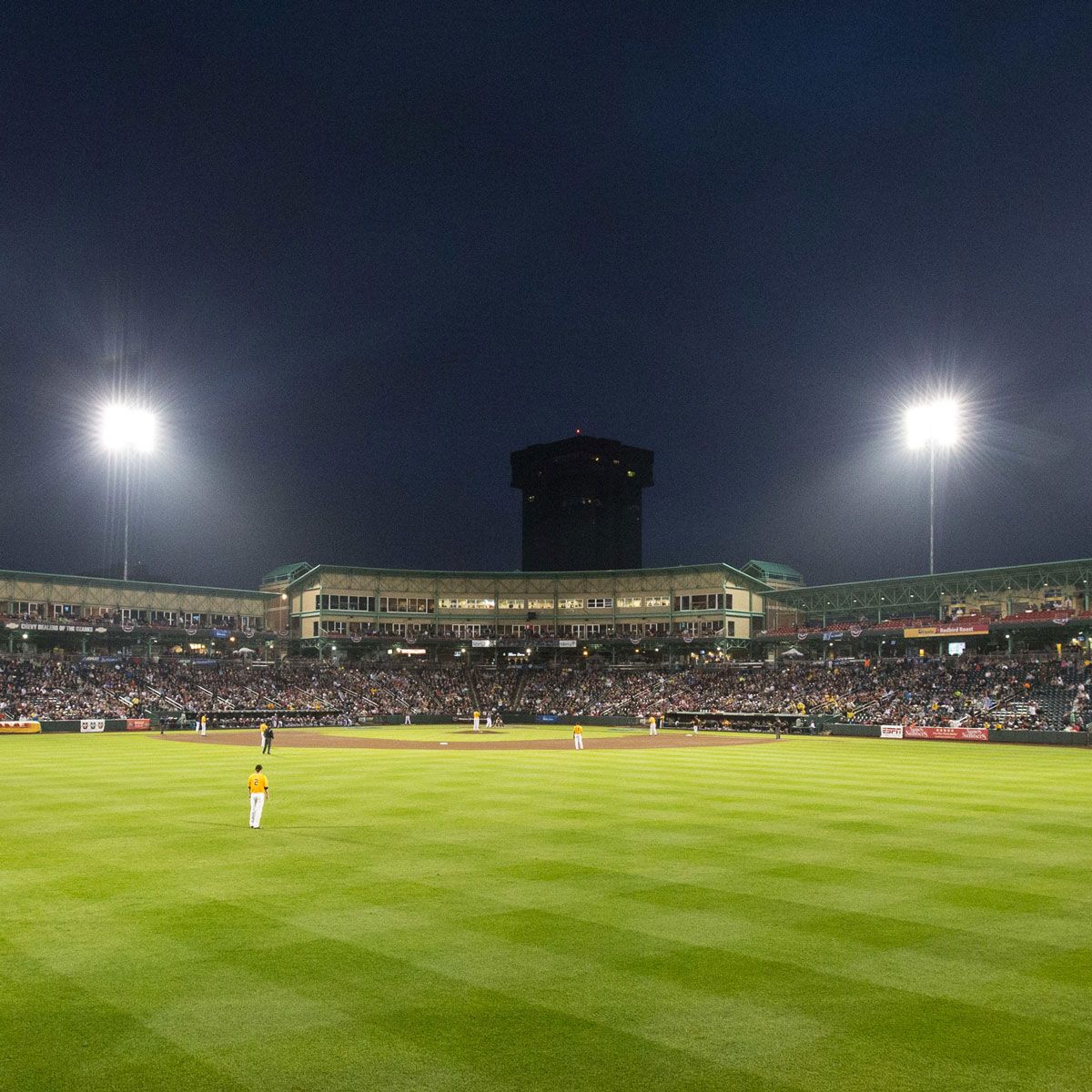 Nighttime at Hammons Field as seen from outfield