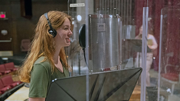 A Missouri State student in a recording session. 