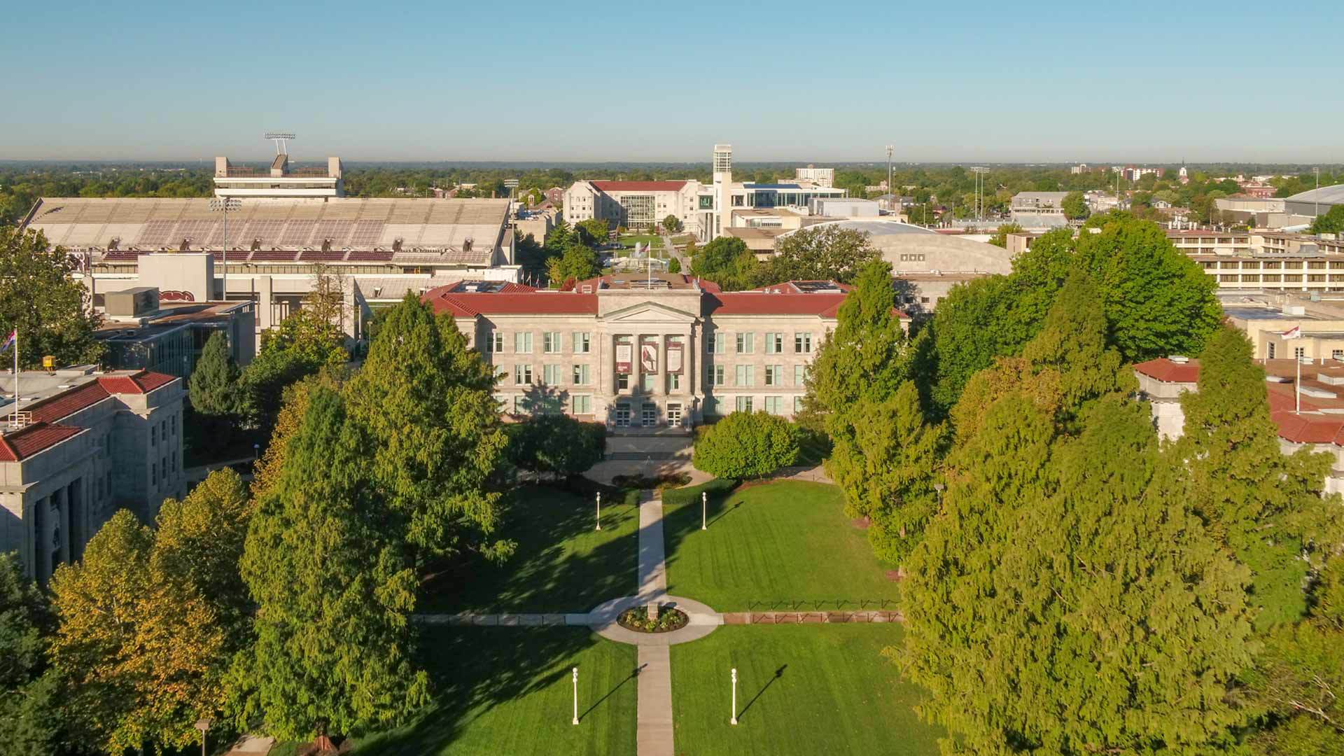 Aerial view of Missouri State campus featuring Carrington Hall