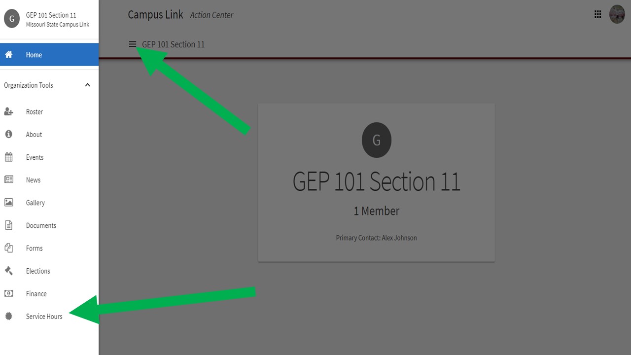 CampusLink screen shot with an arrows pointing to the top left corner and resulting drop down menu item 'service hours'.