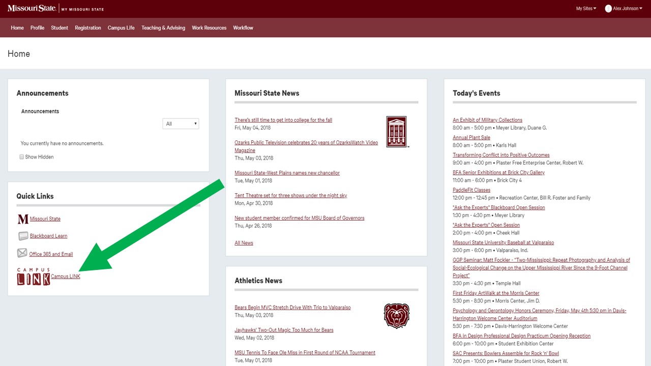 My Missouri State screen shot with an arrow pointing to the Campus Link quick link.
