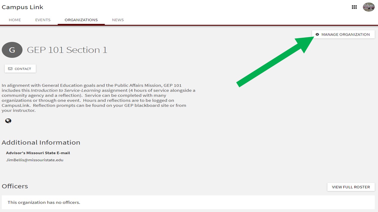 CampusLink screen shot with an arrow pointing to the manage organization button.