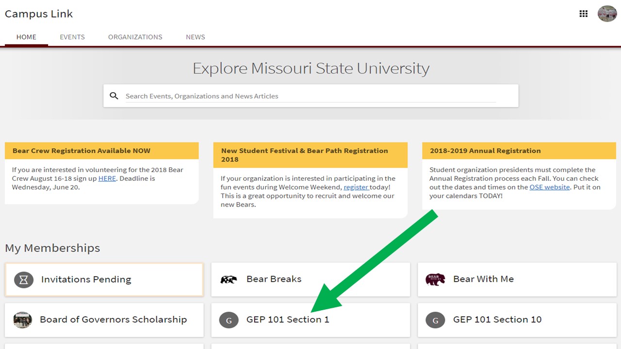 CampusLink screen shot with an arrow pointing to the GEP section button.