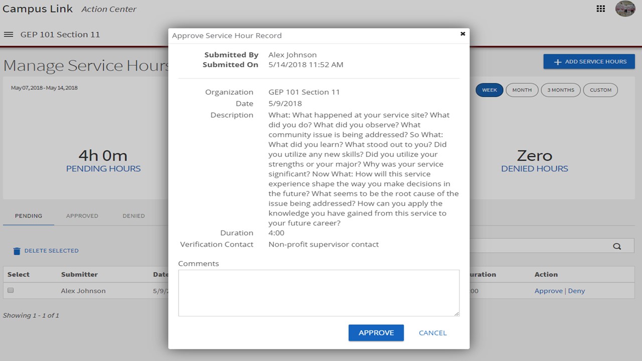 CampusLink screen shot showing a sample record of service.